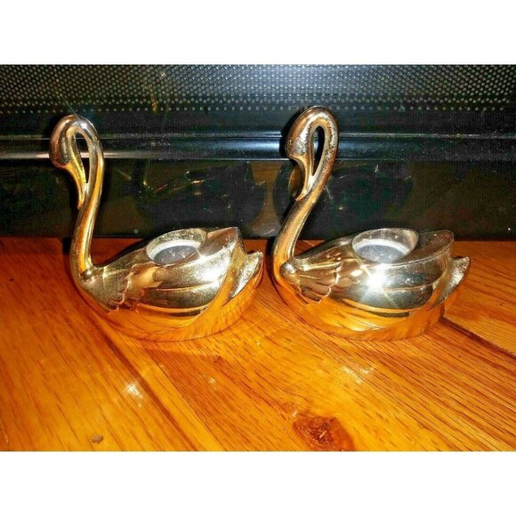 Set Of 2 Swan Candle Holders JAPAN gold tone metal 4"x3.5" EUC - Picture 10 of 12
